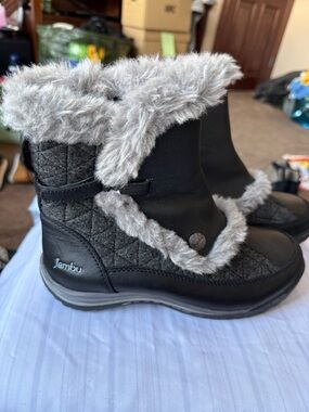 Jambu Black Quilted Boots with Light Gray Faux Fur Trim